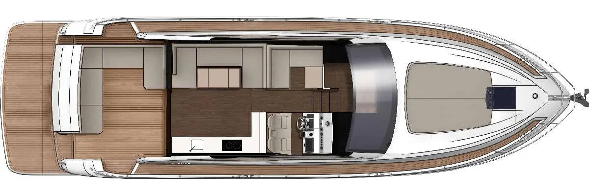 Top view of a modern yacht interior featuring a kitchen area, seating, and a spacious layout with wooden flooring.